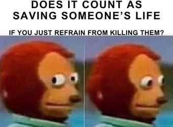 Photo of the awkard monkey puppet with the creepy side glance with a side by image of him looking straight ahead.