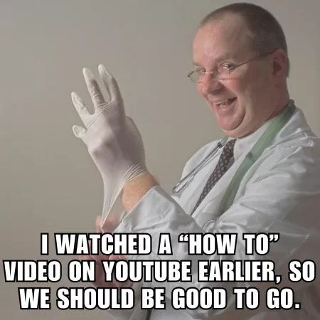 Photo of a Doctor in a white coate putting on a white glove with a creepy smile on his face.