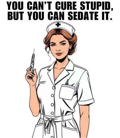 An animated nurse in white scrubs while holding a syri