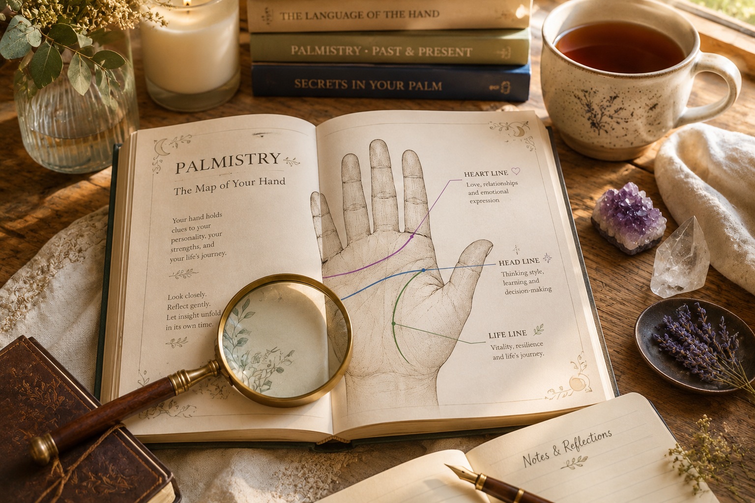 Cozy palmistry guide open on a wooden table beside crystals, a magnifying glass, a candle, and a cup of tea in warm afternoon sunlight.