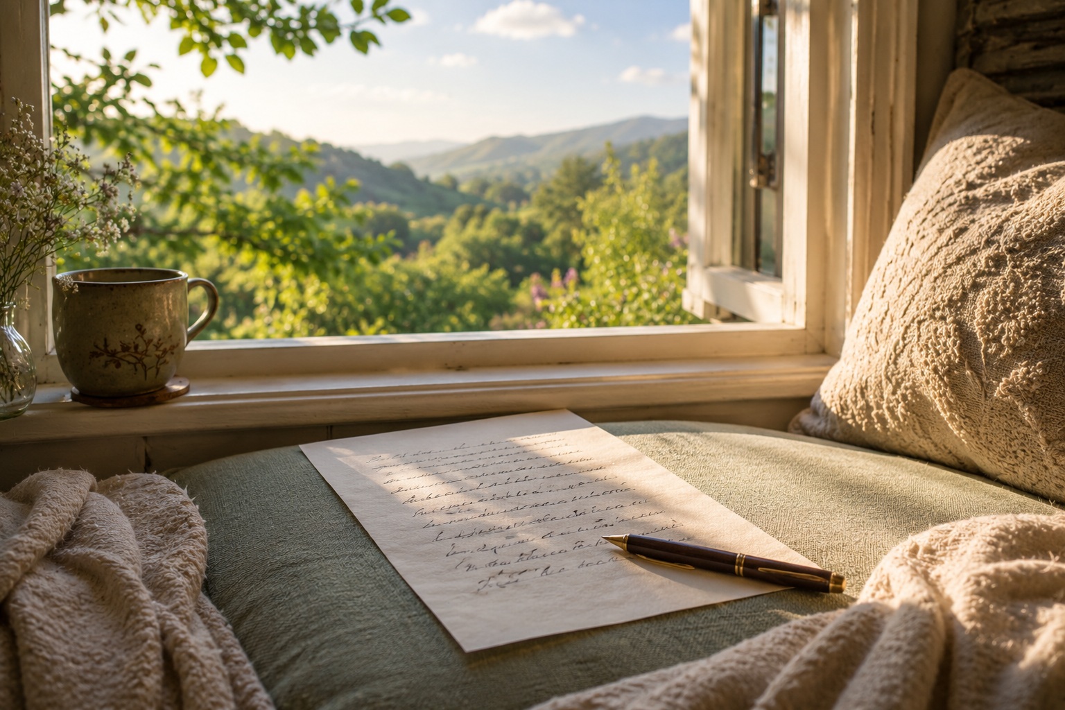 Handwritten scripting page and pen on a cozy window seat overlooking peaceful green hills in warm morning light.