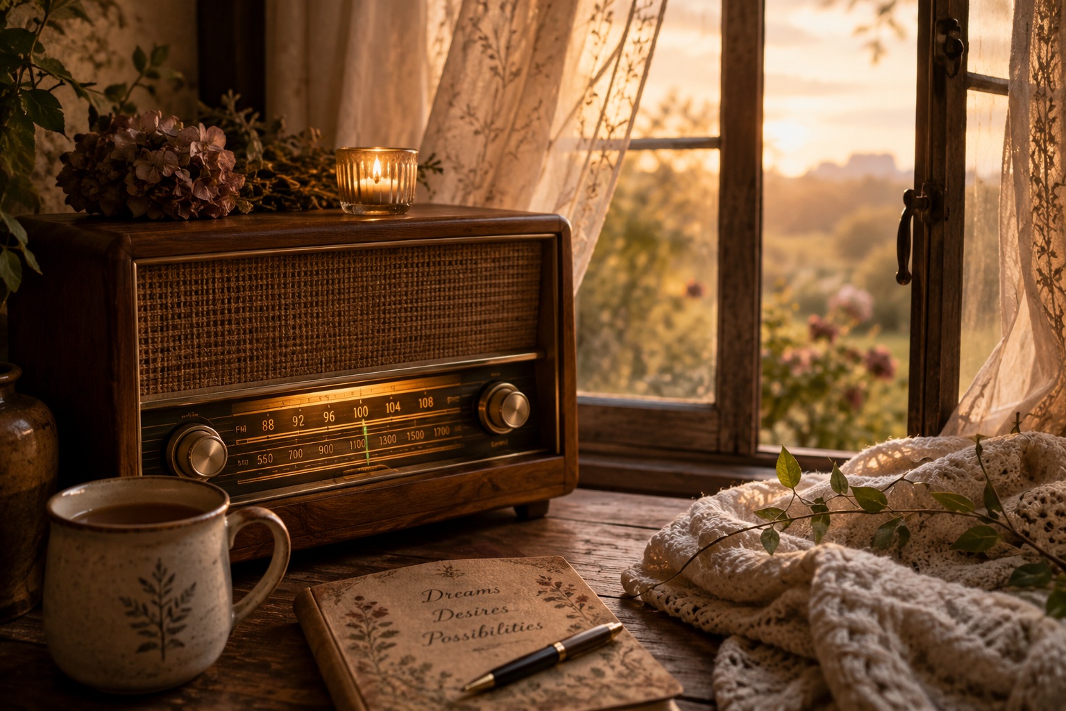 Vintage radio glowing beside an open window with a warm drink and cozy details in soft evening light.