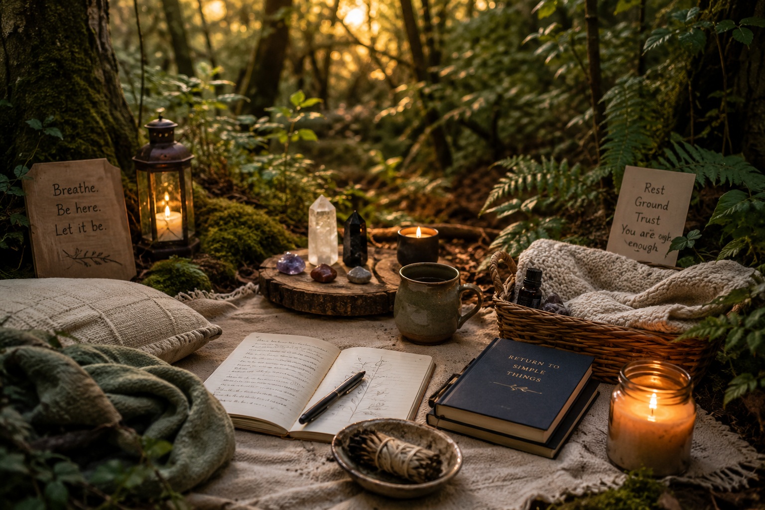 Cozy woodland space with grounding crystals, candles, tea, and blankets for soothing an overactive third eye chakra.