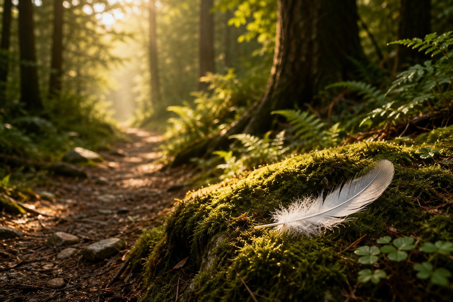 White feather resting on moss beside a peaceful forest path in warm golden sunlight.