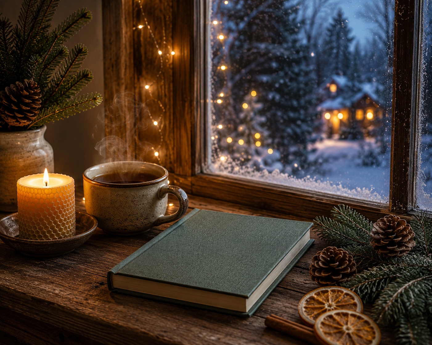 A cozy New Year's reflection scene with a closed sage-green journal, glowing beeswax candle, herbal tea, evergreen branches, pinecones, dried orange slices, and a snowy cottage window at twilight.
