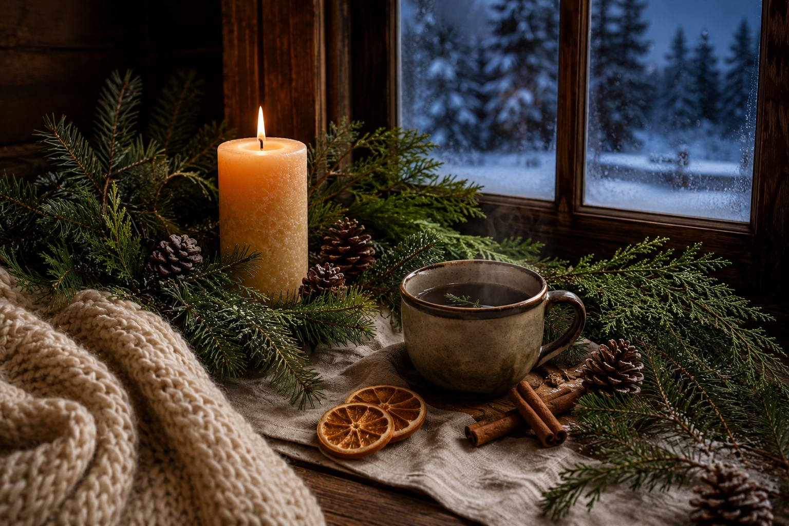 A cozy Winter Solstice scene with a glowing beeswax candle, evergreen branches, herbal tea, pinecones, dried oranges, and a snowy forest outside a frosted cottage window.