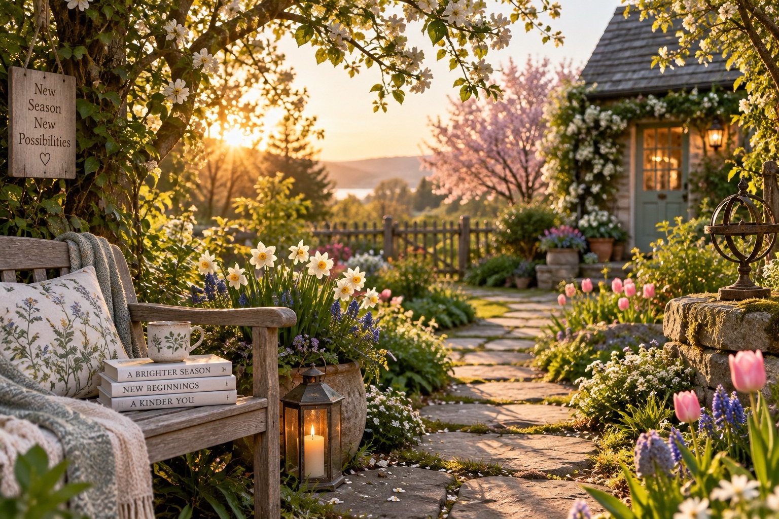 Alt text: A sunlit spring garden with a stone path leading to a cozy cottage, surrounded by flowering trees, colorful spring flowers, and a rustic bench with a lantern.