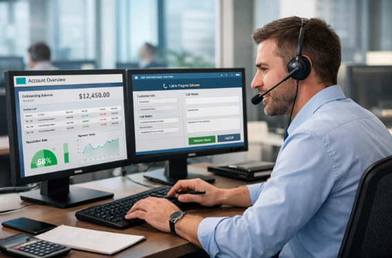 Collector talking to a customer attempting a first call resolution