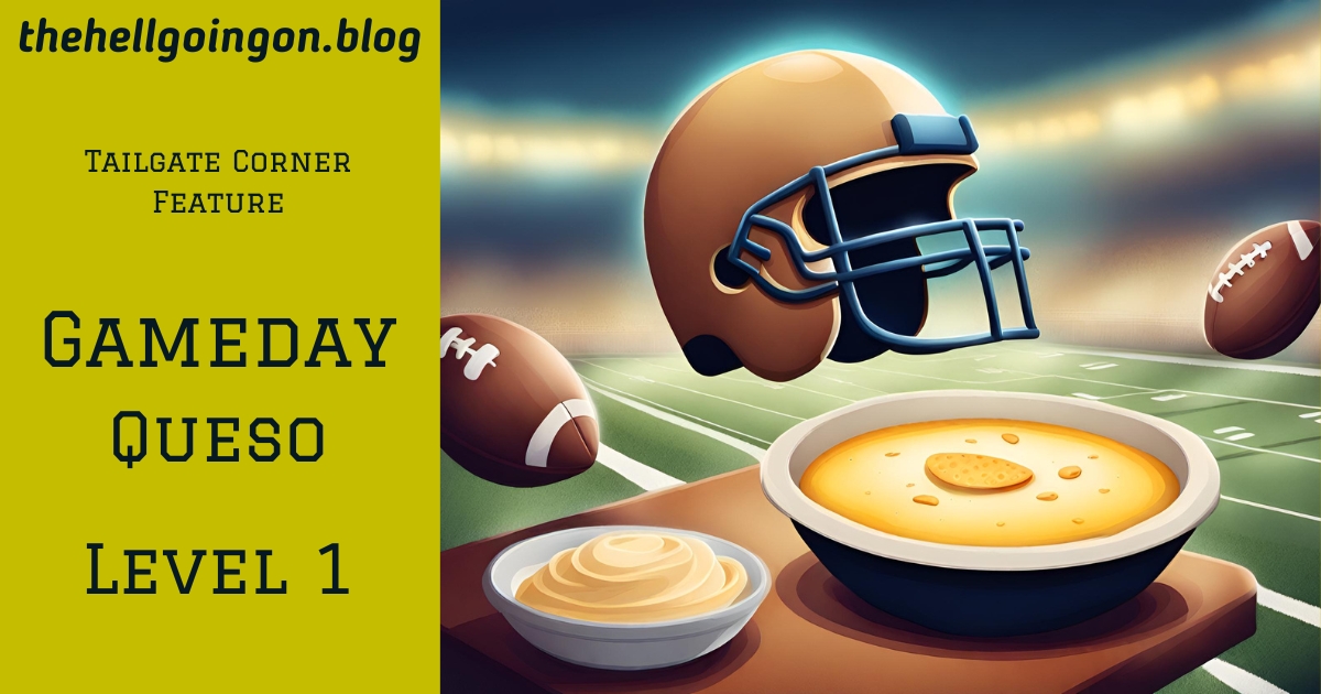 blog graphic for gameday cheese queso recipe, american football theme