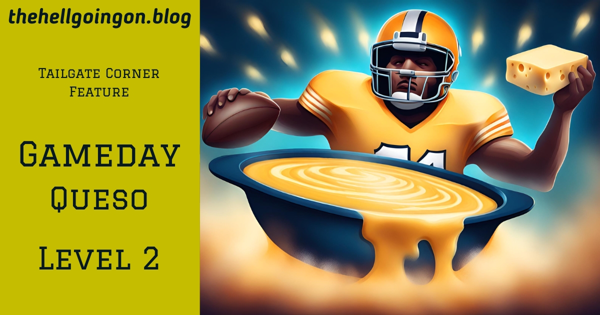 blog graphic for gameday cheese salsa con queso recipe, american football theme