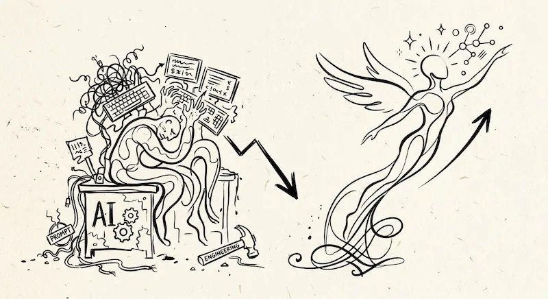 A minimalist calligraphy line art illustration showing a cluttered, overwhelmed figure at a desk on the left transitioning to an elegant, abstract linear figure soaring upward on the right, symbolizing prompt engineering becoming out of date.