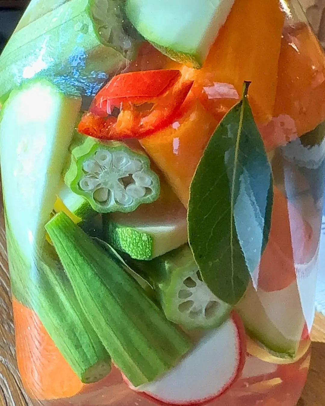 Italian style giardiniera pickled vegetables in vinegar brine