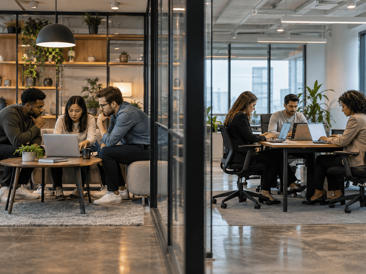 Split Workspace Collaboration In A Modern Office