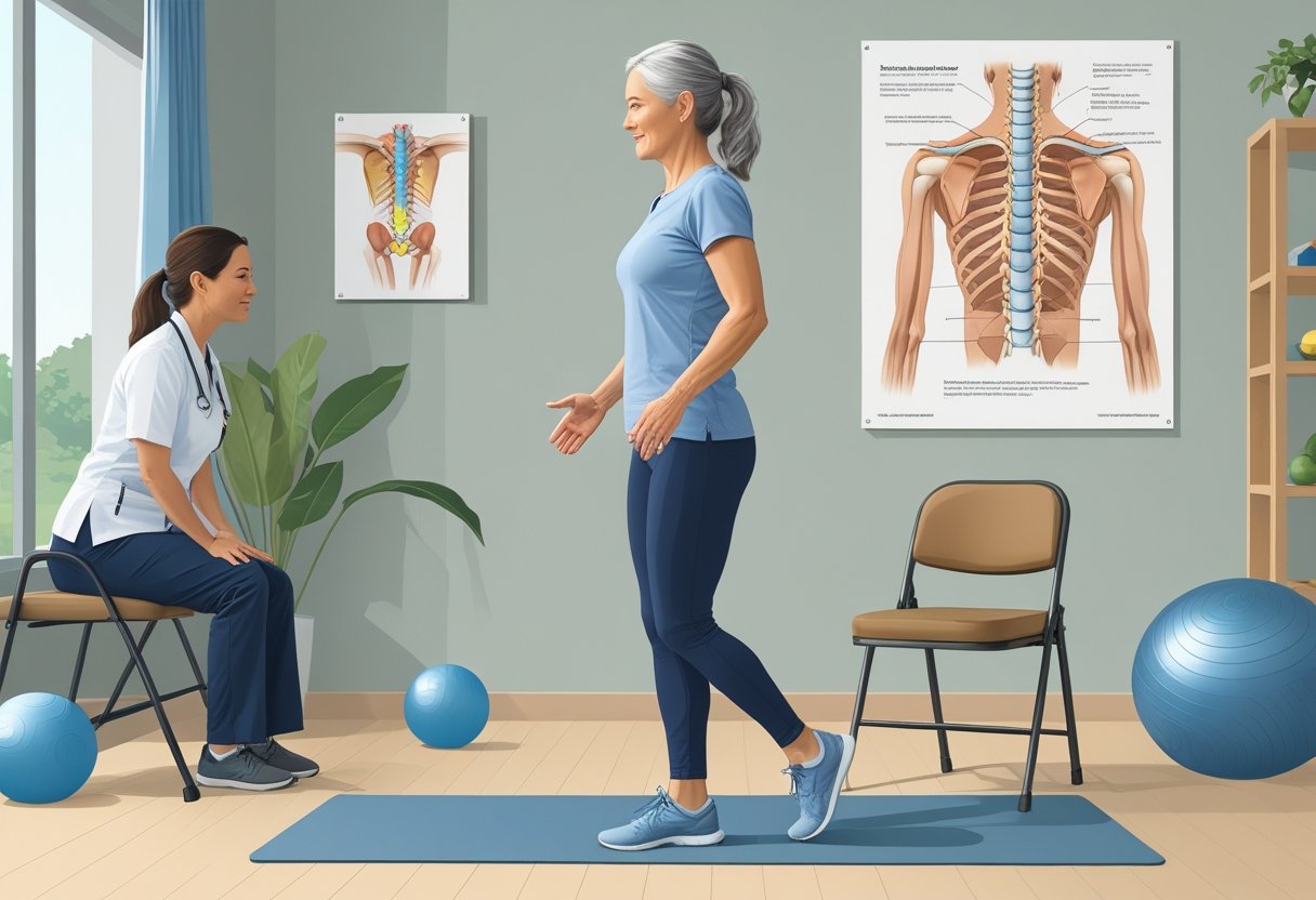 An adult woman performing a one-leg balance exercise with a chair for support while a healthcare professional watches and guides her in a therapy room.