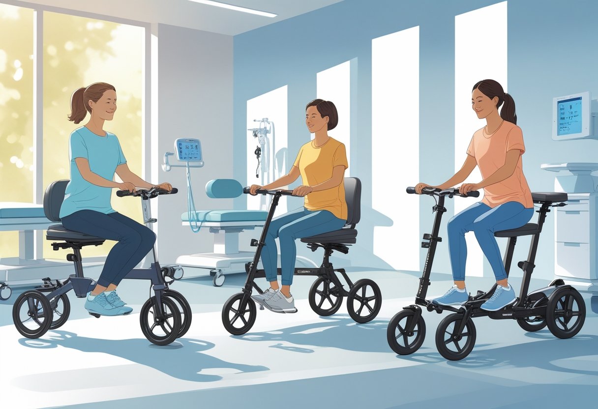 Three people using different seated walking bikes designed for hip recovery in a bright rehabilitation room.