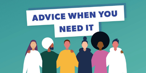 Teal coloured background with a row of 6 cartoon people stood with their arms around each other. Above them is blue text on a white background that says 'Advice when you need it'.
