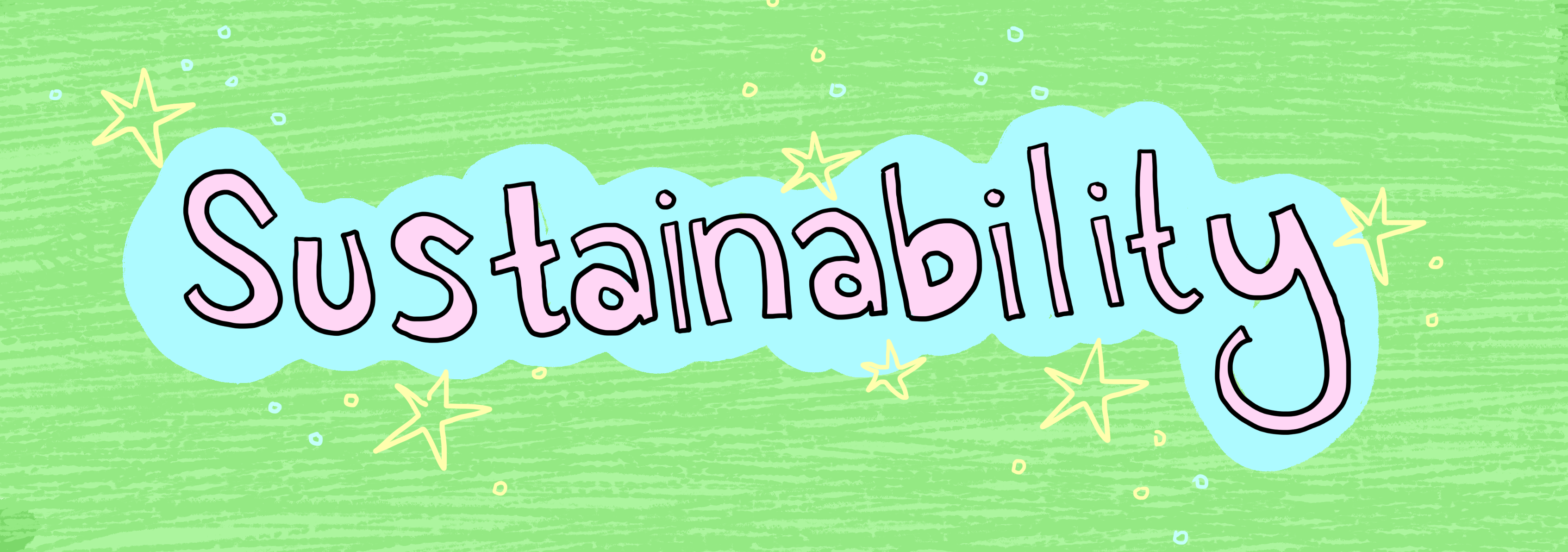 The word 'Sustainability' written in child-like writing on a light green background.
