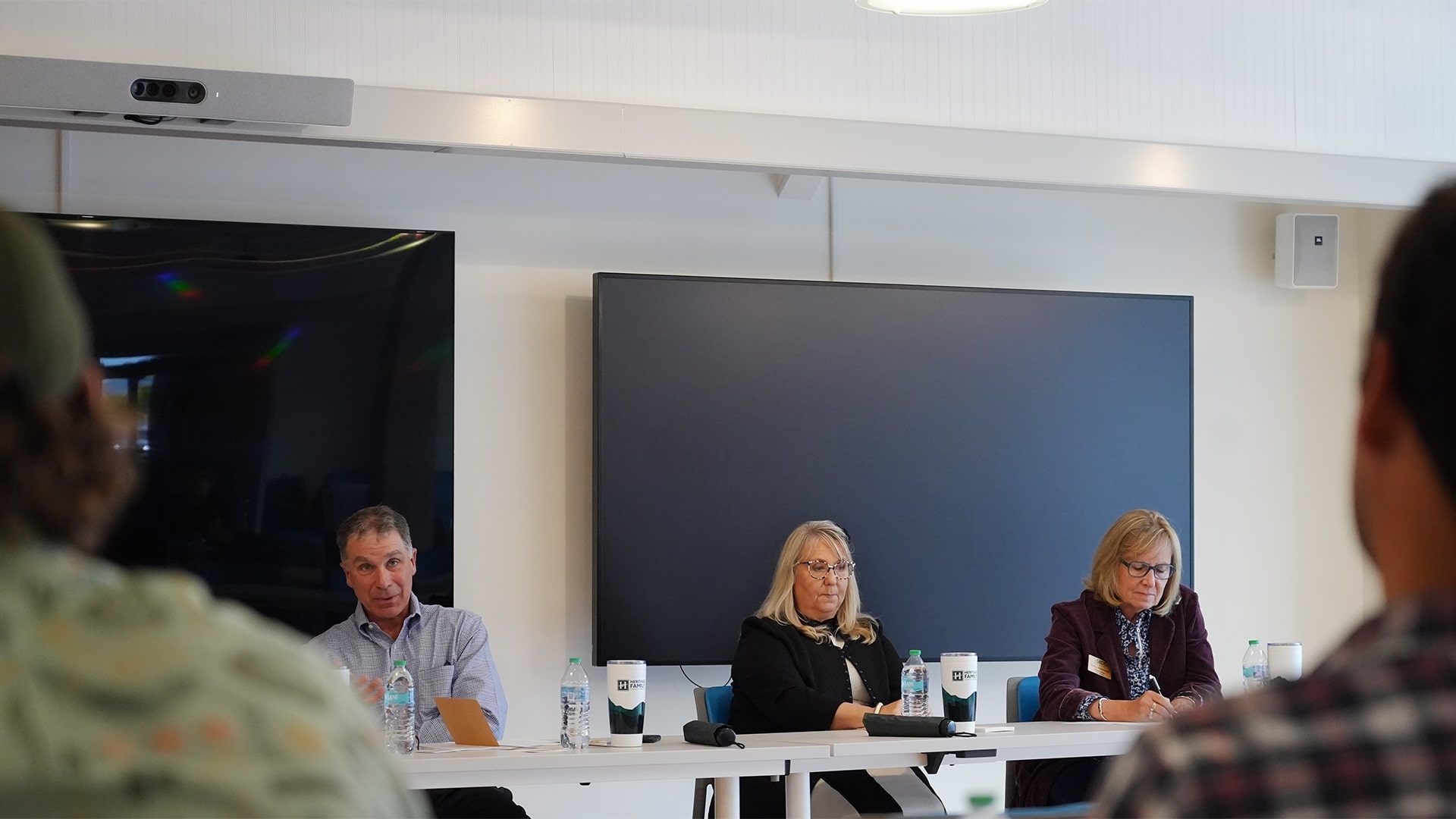 Ed Mazzella, Barbara Spaulding, and Nancy Shuttlesworth on the panel of Heritage Family Credit Union's Small Business Mentor Roundtable for the first event in the brand new Streetside Conference Room at The Hub CoWorks in downtown Rutland, Vermont.