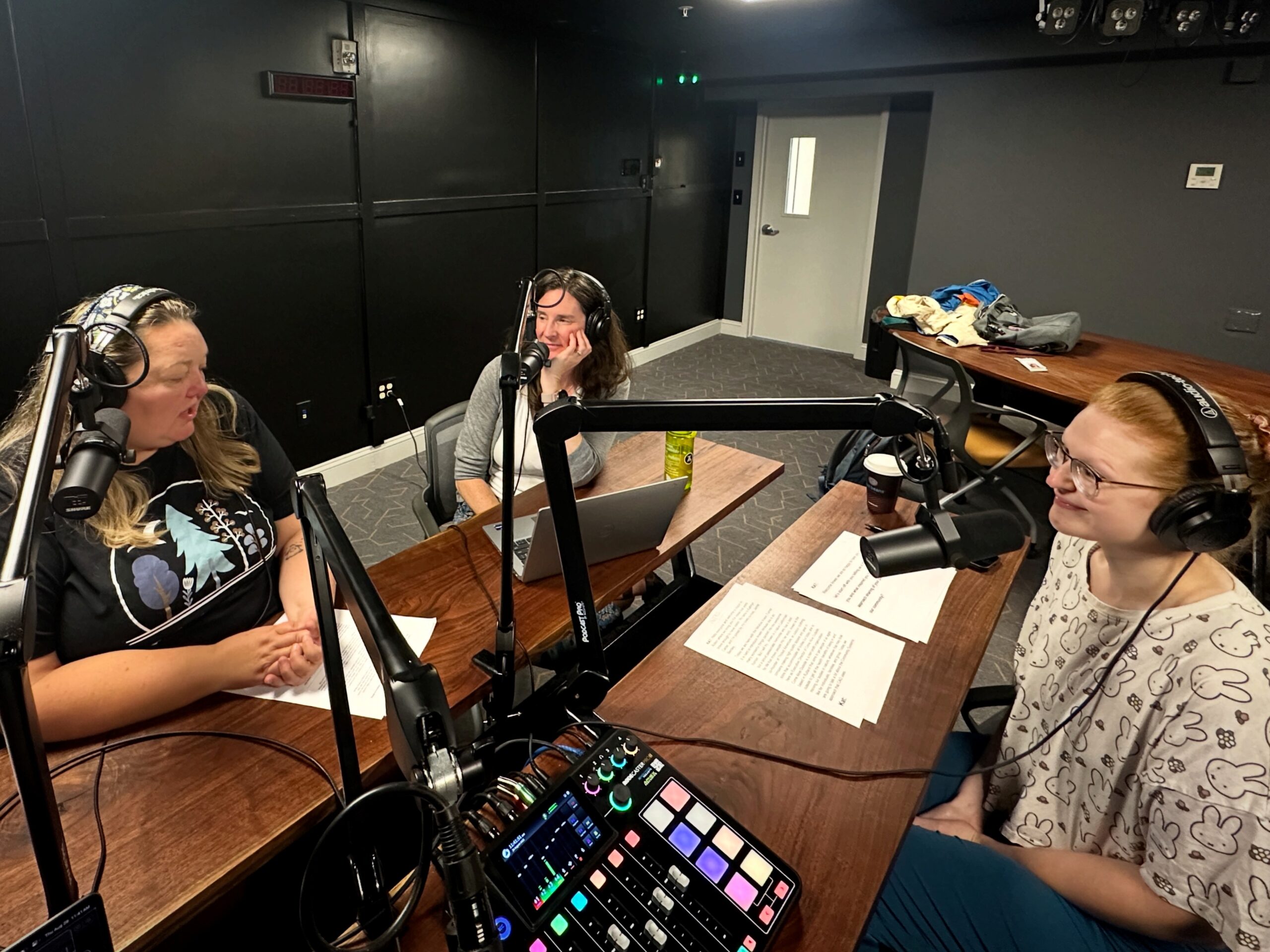 Arwen Turner, Jamie Bentley and Kathryn Carter recording Vision in Action at The Hub CoWorks