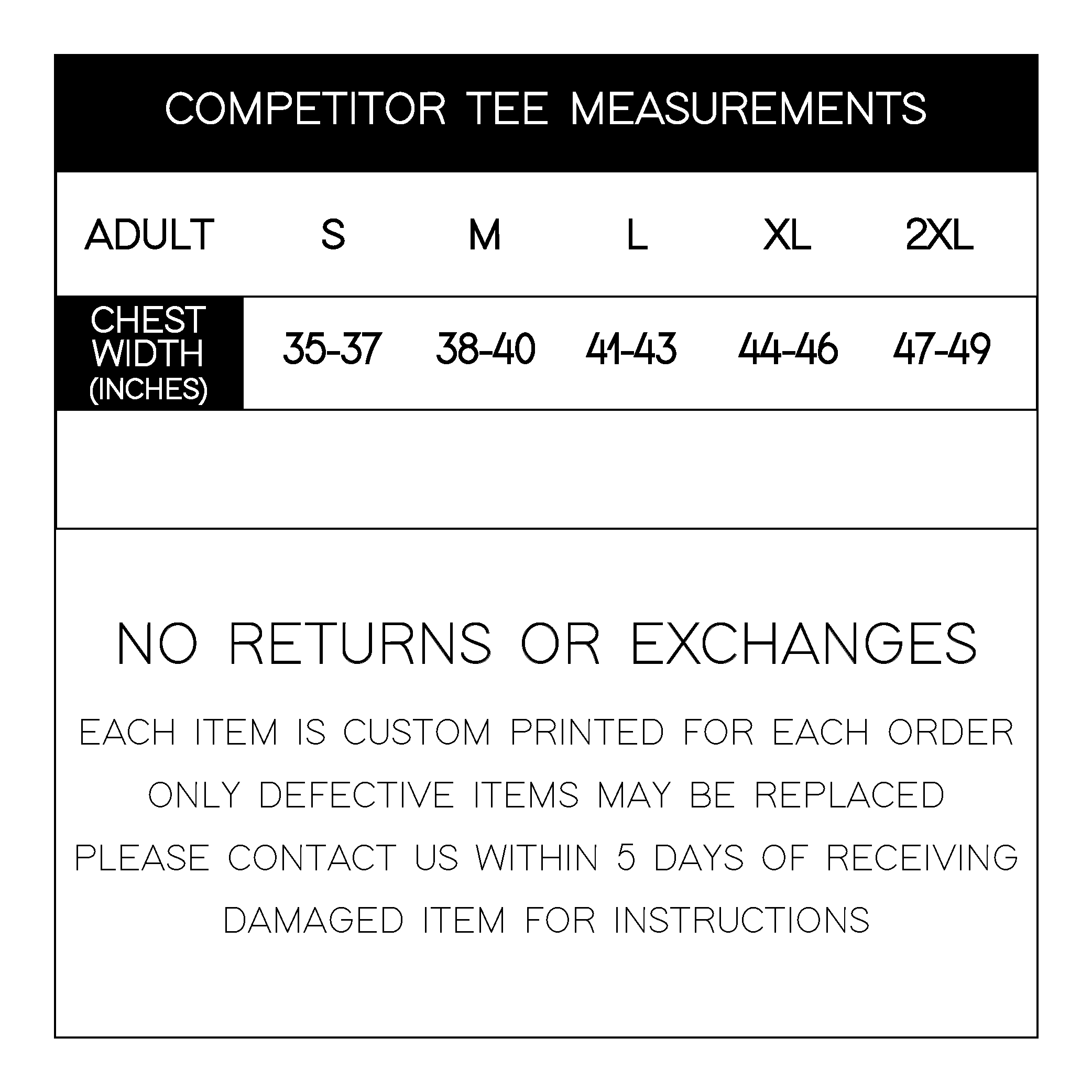 Competitor Tee Size Chart The Imprintery