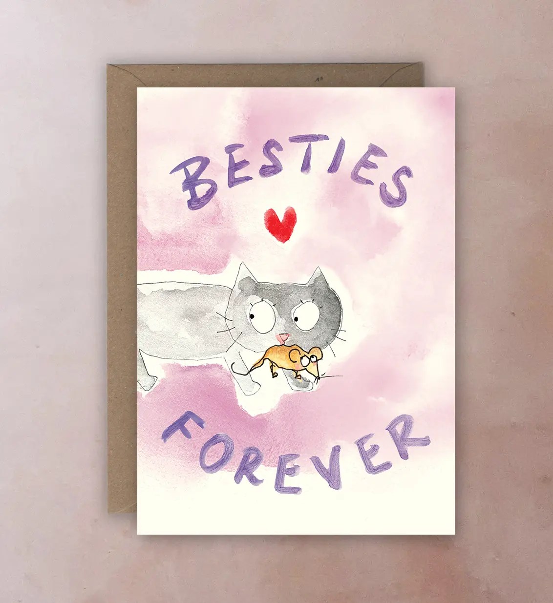 Front of card with illustration of cat carrying mouse in its mouth; Besties Forever text