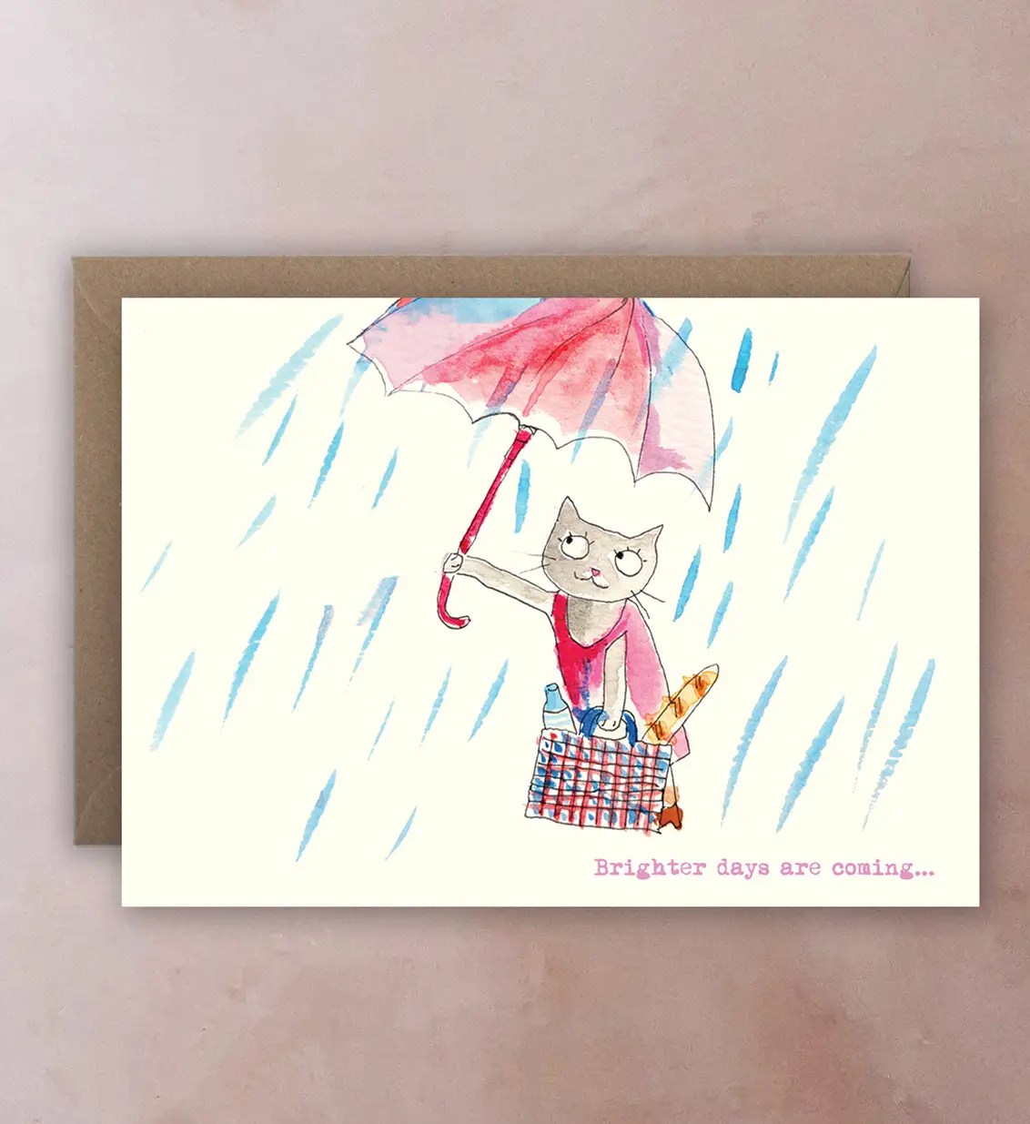 Front of card with illustration of cat holding umbrella and shopping bags in rain; Brighter Days Are Coming text