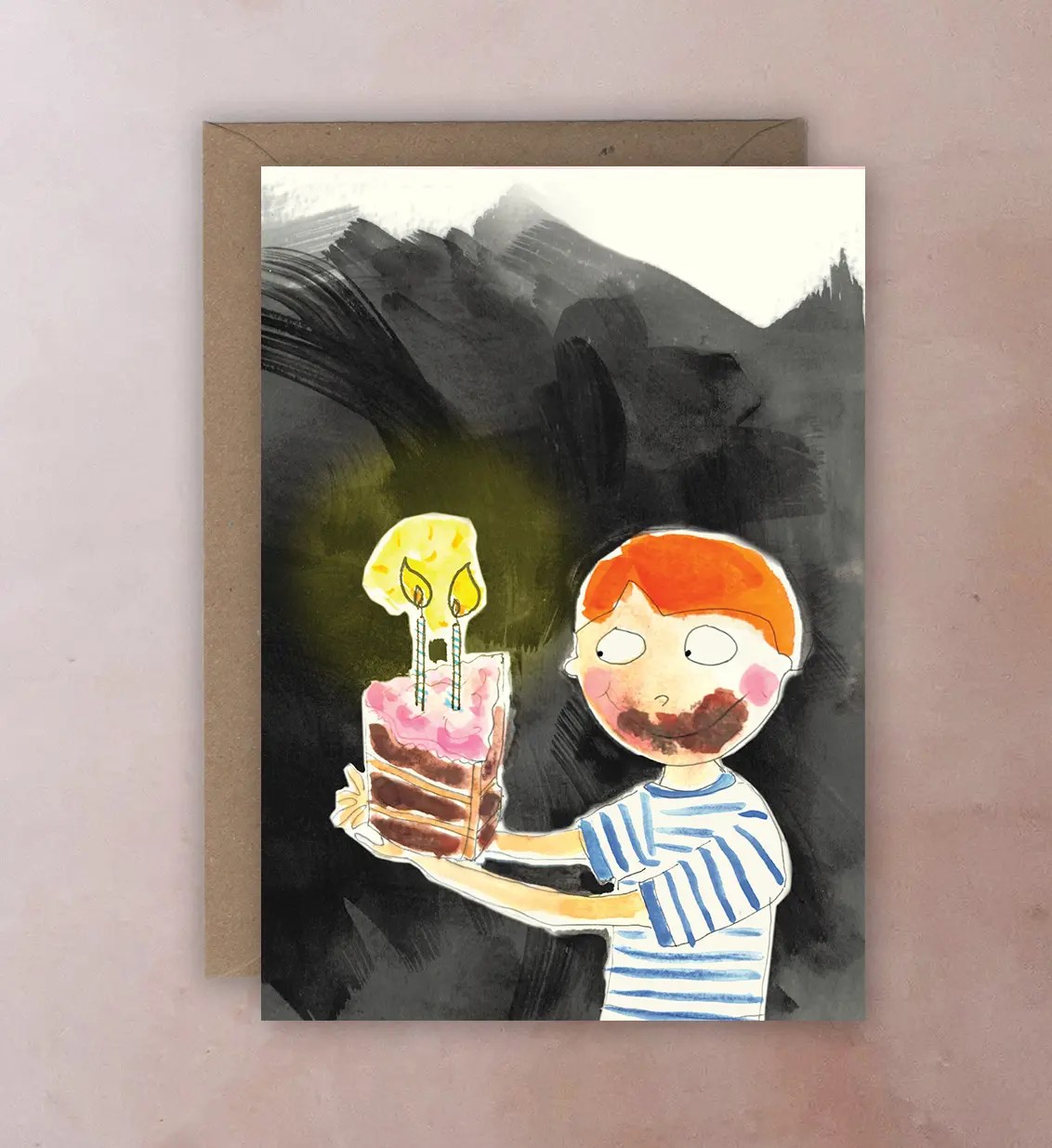Front of card with illustration of boy holding out slice of chocolate cake with candles
