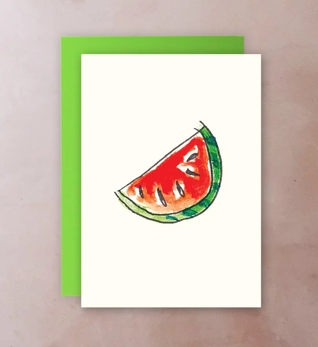 Front of A7 mini card with illustration of juicy watermelon slice