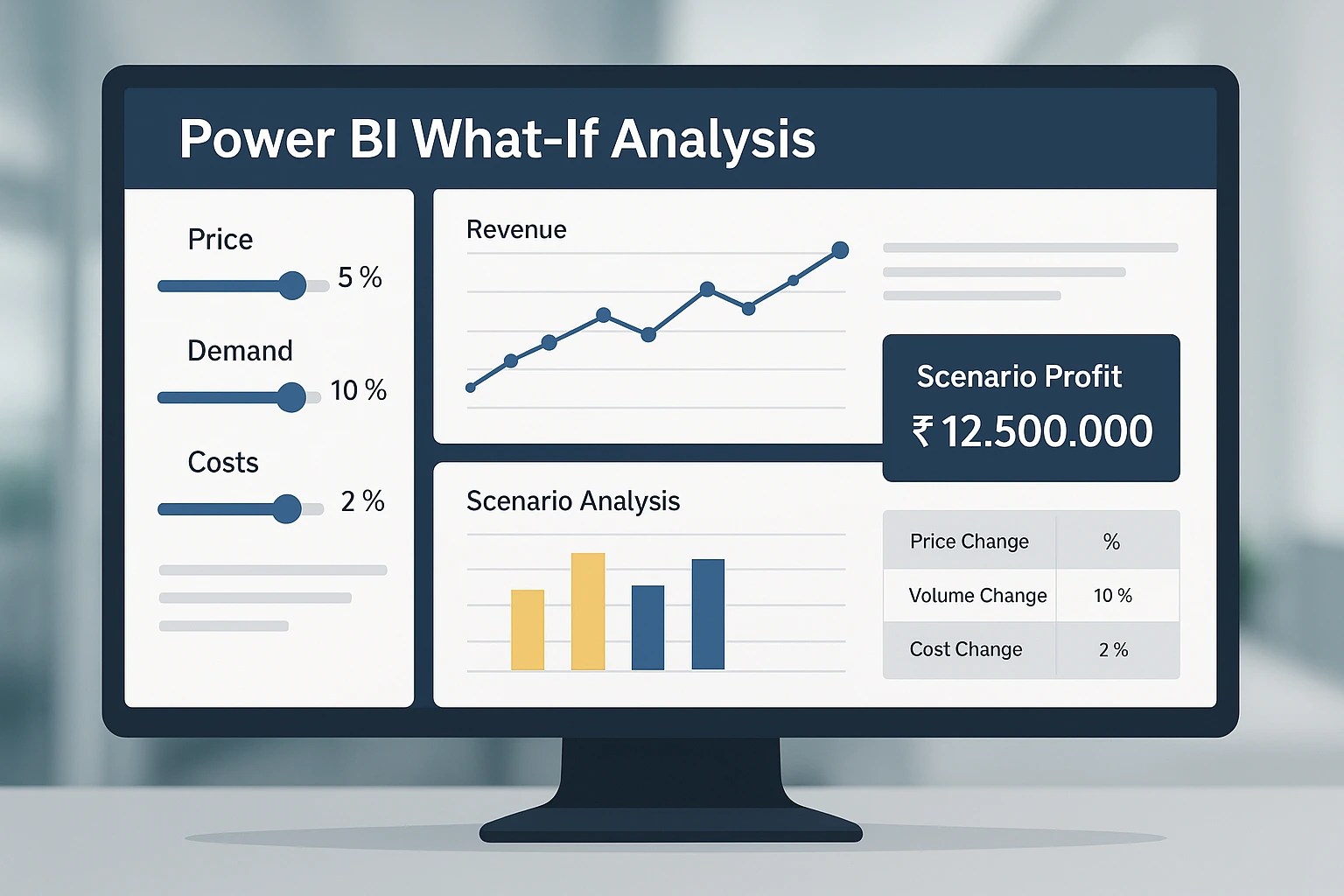 Power BI What-If Analysis dashboard with interactive scenario sliders