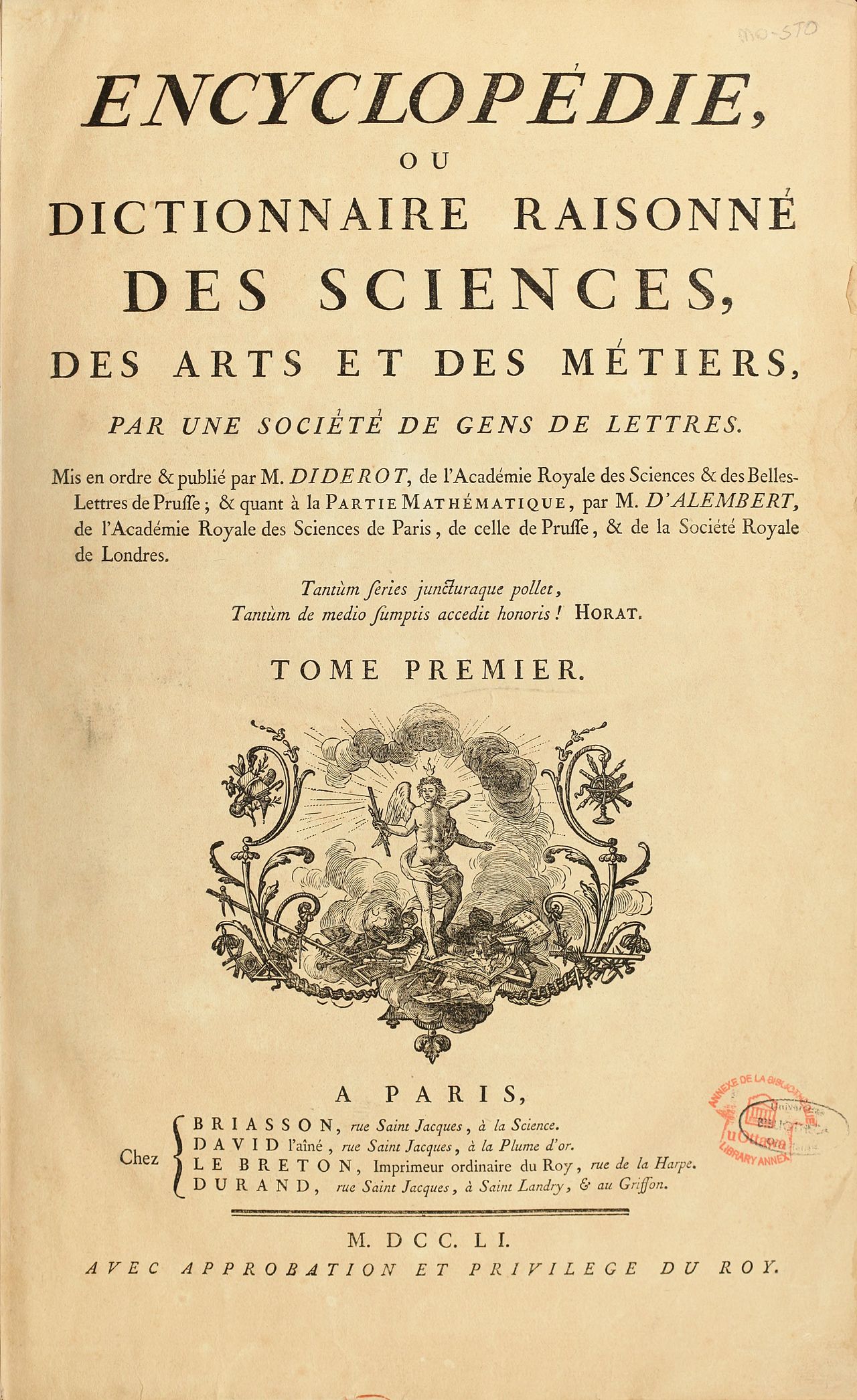 A volume or title page of Diderot and d’Alembert’s Encyclopédie