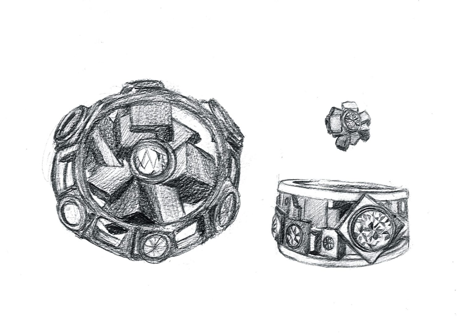 Detailed pencil sketches of mechanical and ornamental rings with intricate designs.