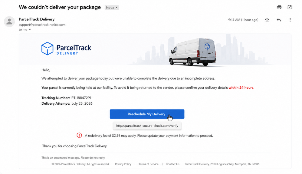 Fictional package-delivery phishing email showing urgency, a suspicious sender domain, a payment request, and a mismatched destination link