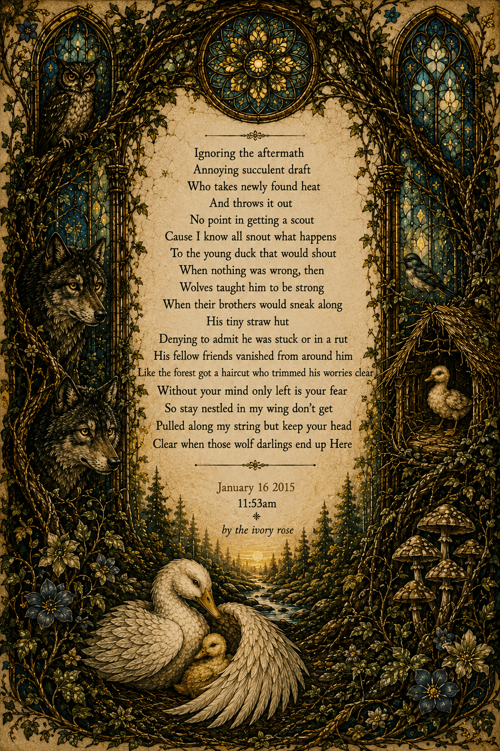 Art Nouveau-inspired illustrated poem framed by wolves, swans, stained glass, birds, forest flowers, mushrooms, and woodland vines, symbolizing resilience, wisdom, family, and growth after hardship.