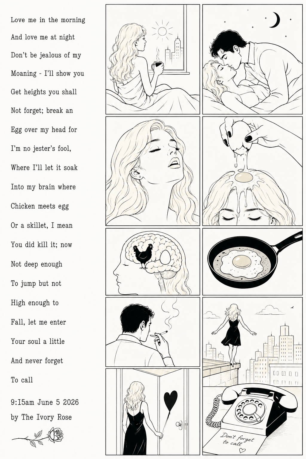 A minimalist black-and-white illustrated visual poem depicting a couple in love, morning coffee, an egg symbolizing thoughts, a frying pan, city rooftops, a heart-shaped balloon, and a vintage telephone exploring intimacy, memory, and emotional connection.