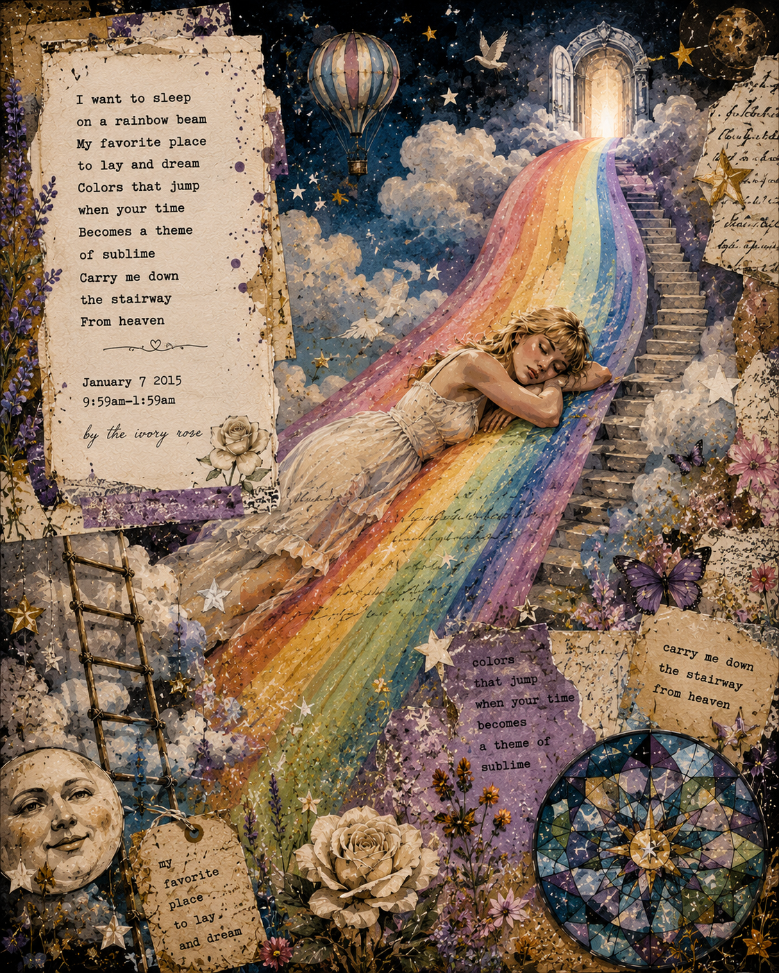 Dreamlike mixed-media poetry collage of a blonde woman sleeping on a rainbow that stretches toward a glowing doorway in the clouds, surrounded by stars, butterflies, hot air balloons, flowers, celestial symbols, and handwritten poetry about finding peace, imagination, and hope.