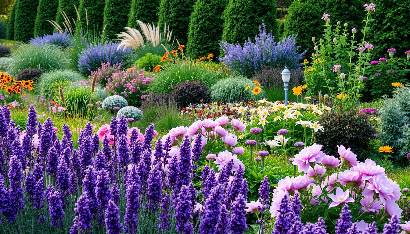 perennial border design with shrubs and flowering plants