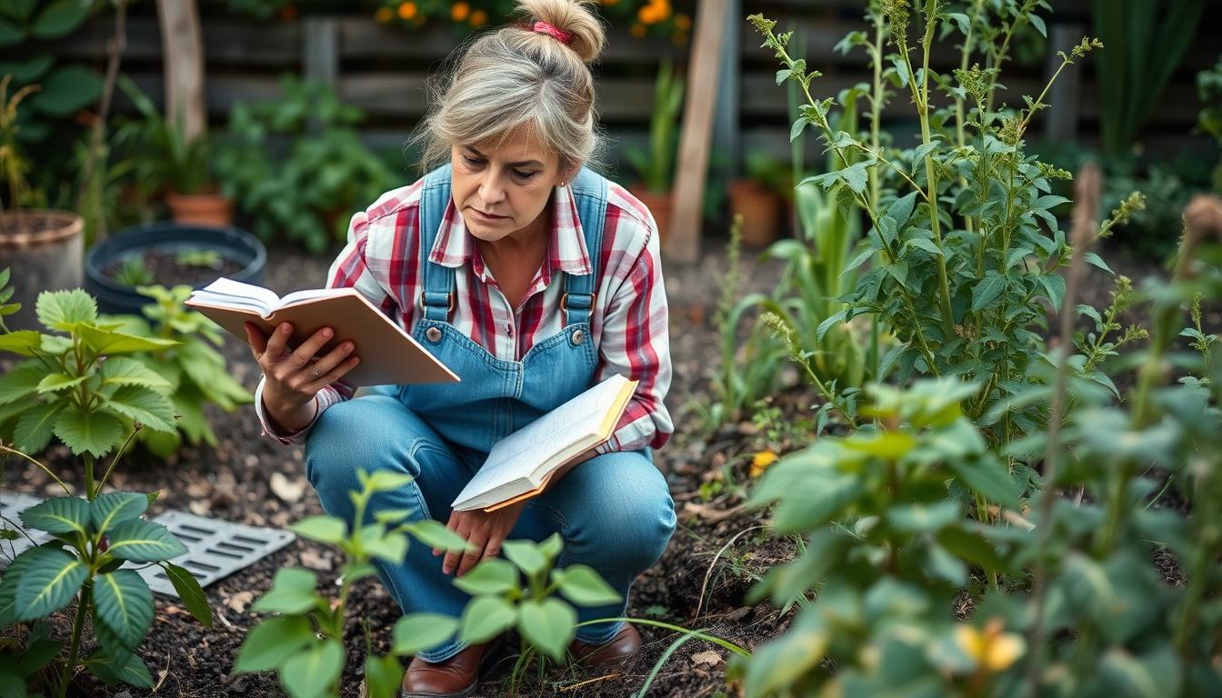 A homesteader problem-solving a garden issue