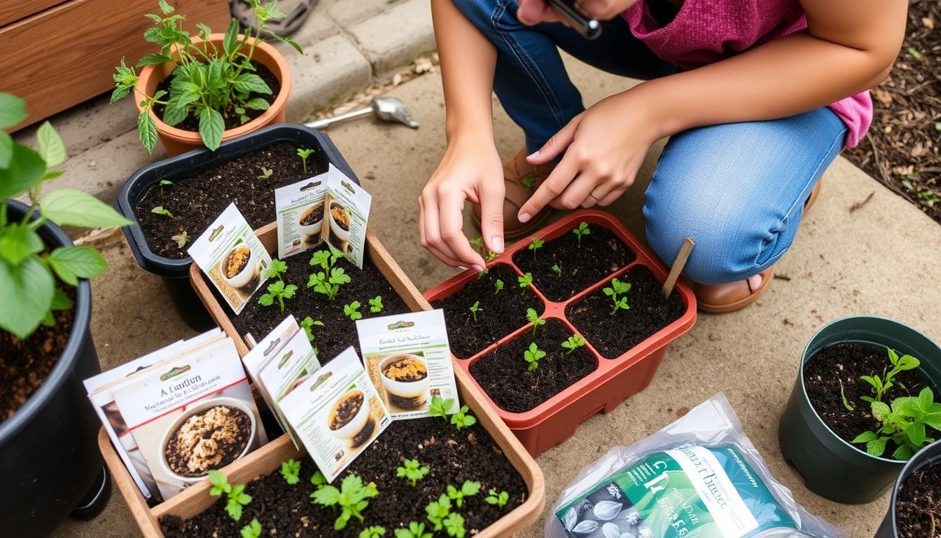 A person planting seeds in a small container garden