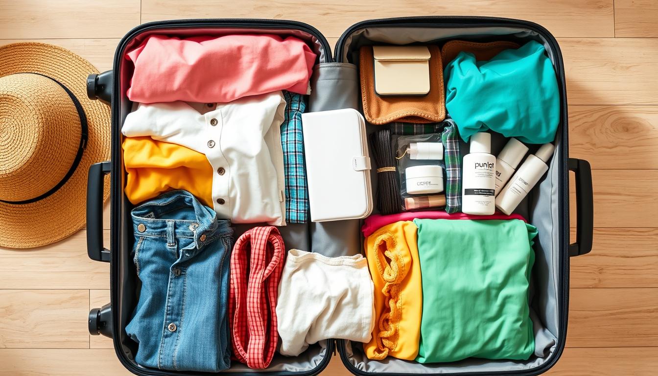 Efficiently packed suitcase with Spring to Summer Vacation Fashion Trends 2024 items
