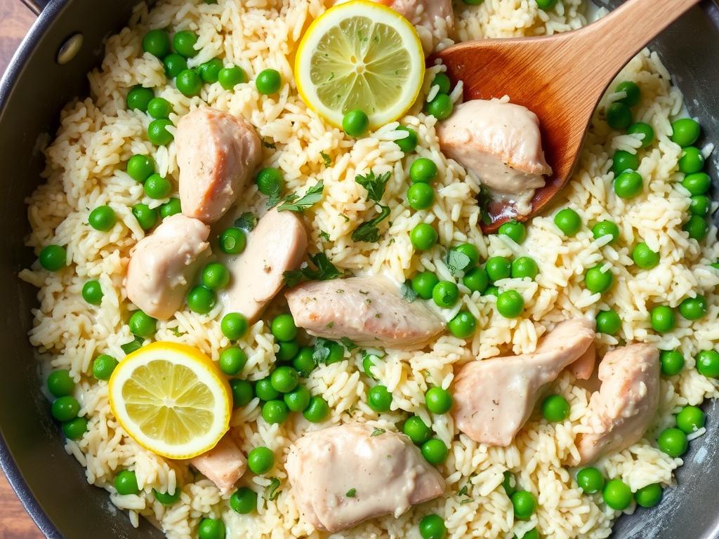 Spring chicken and rice skillet with peas and lemon