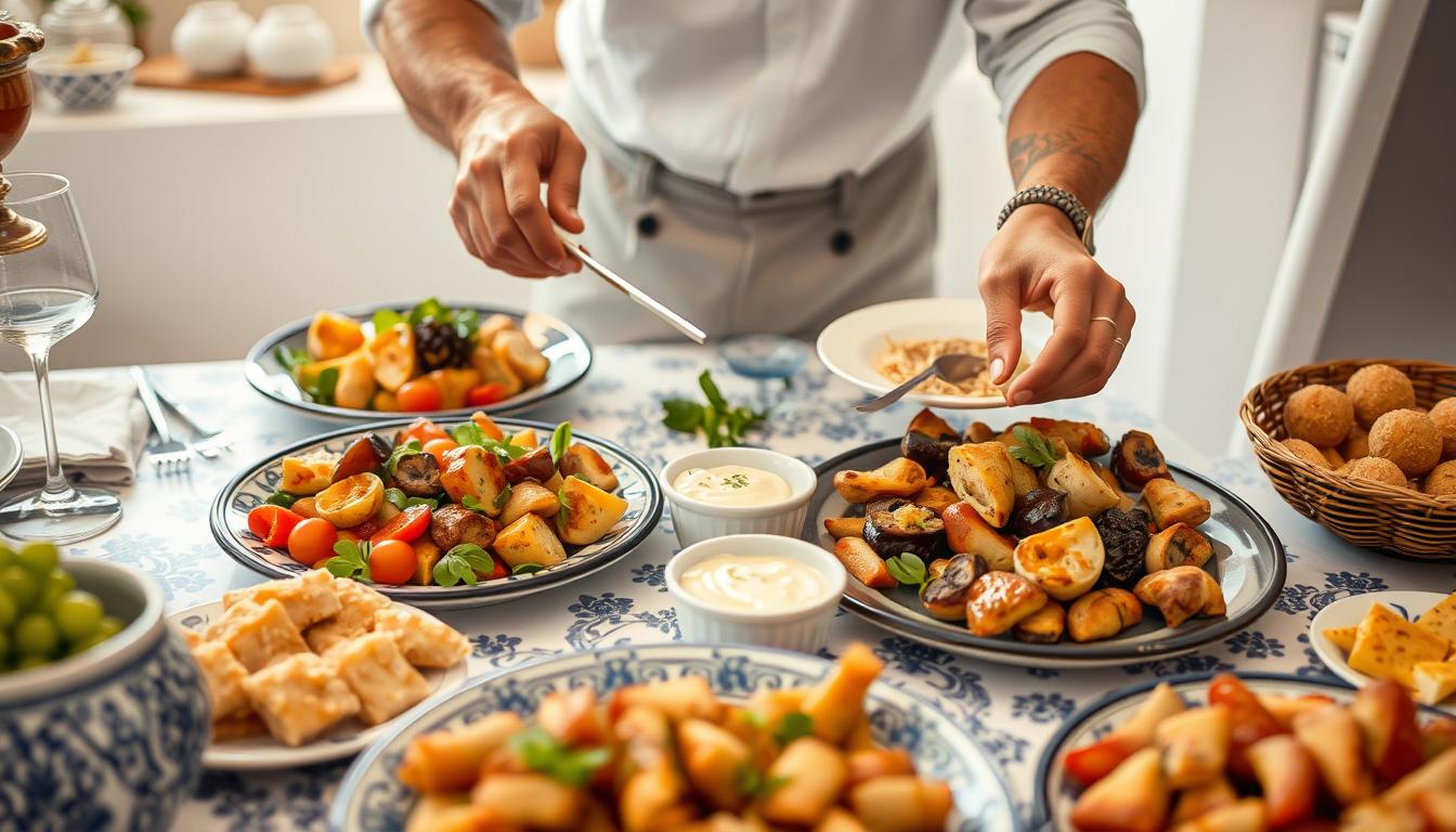 A host arranging a Mediterranean mezze spread with various dishes and decorative elements