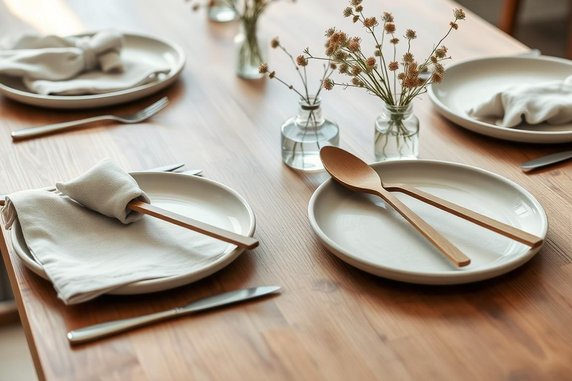 A simple table setting with linen napkins, ceramic plates, and fresh flowers embodying the slow living aesthetic