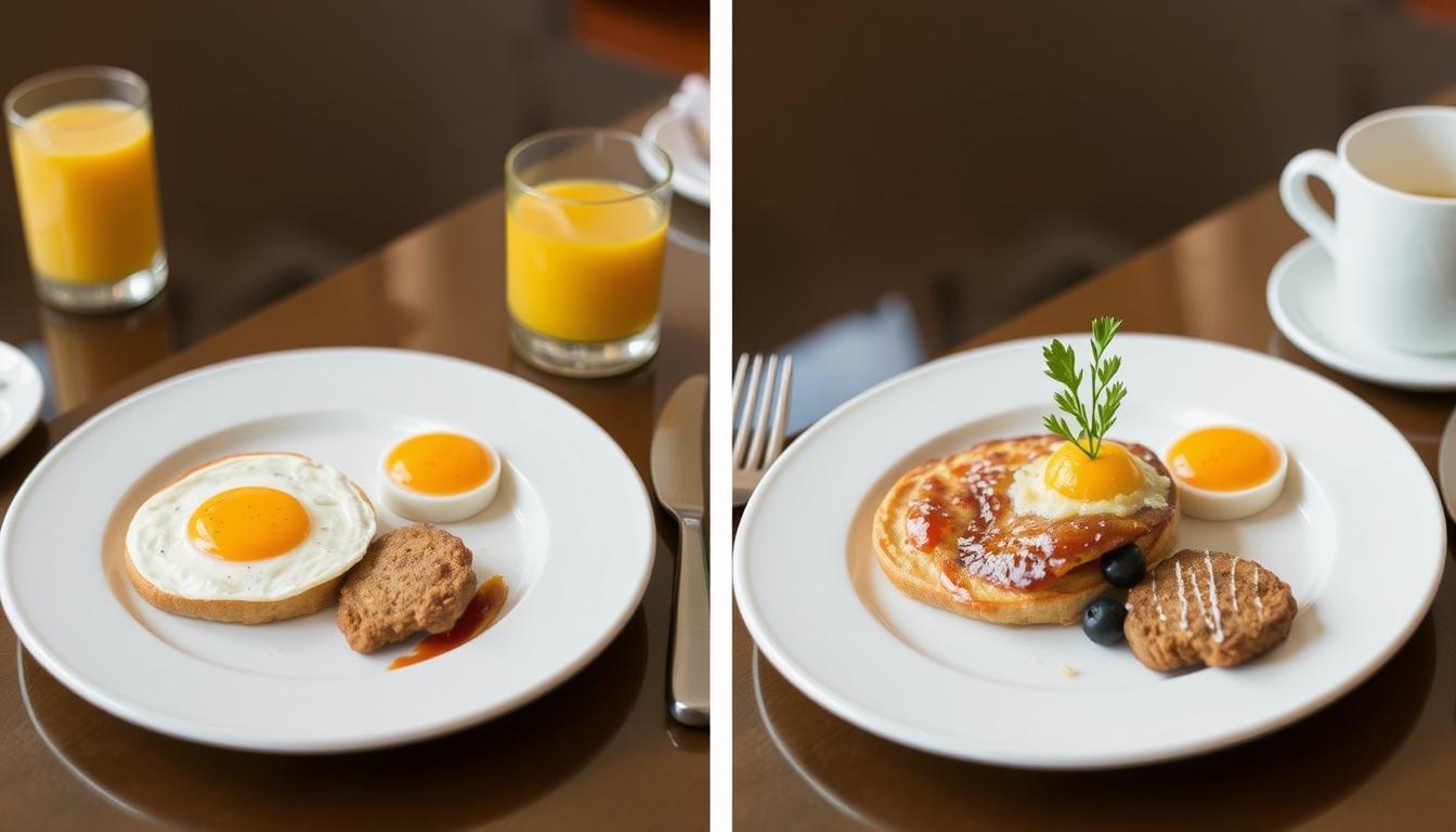 Before and after of breakfast presentation showing low-cost luxury styling