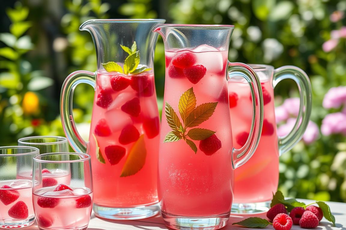 Berry sparkling lemonade with mint and floating raspberries in glass pitchers