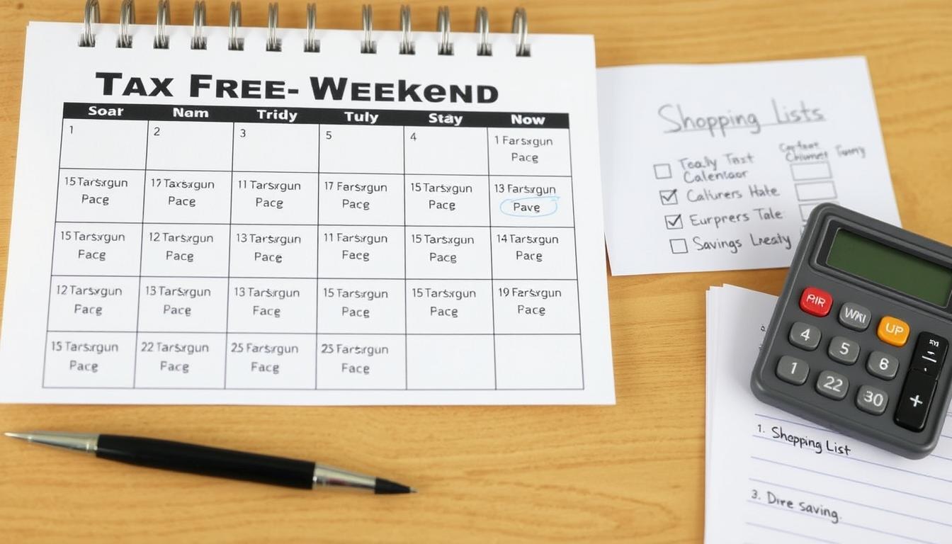 Calendar showing tax-free weekend dates with shopping list