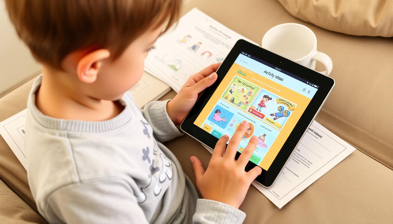 Child using a tablet to access free educational resources and printable activities