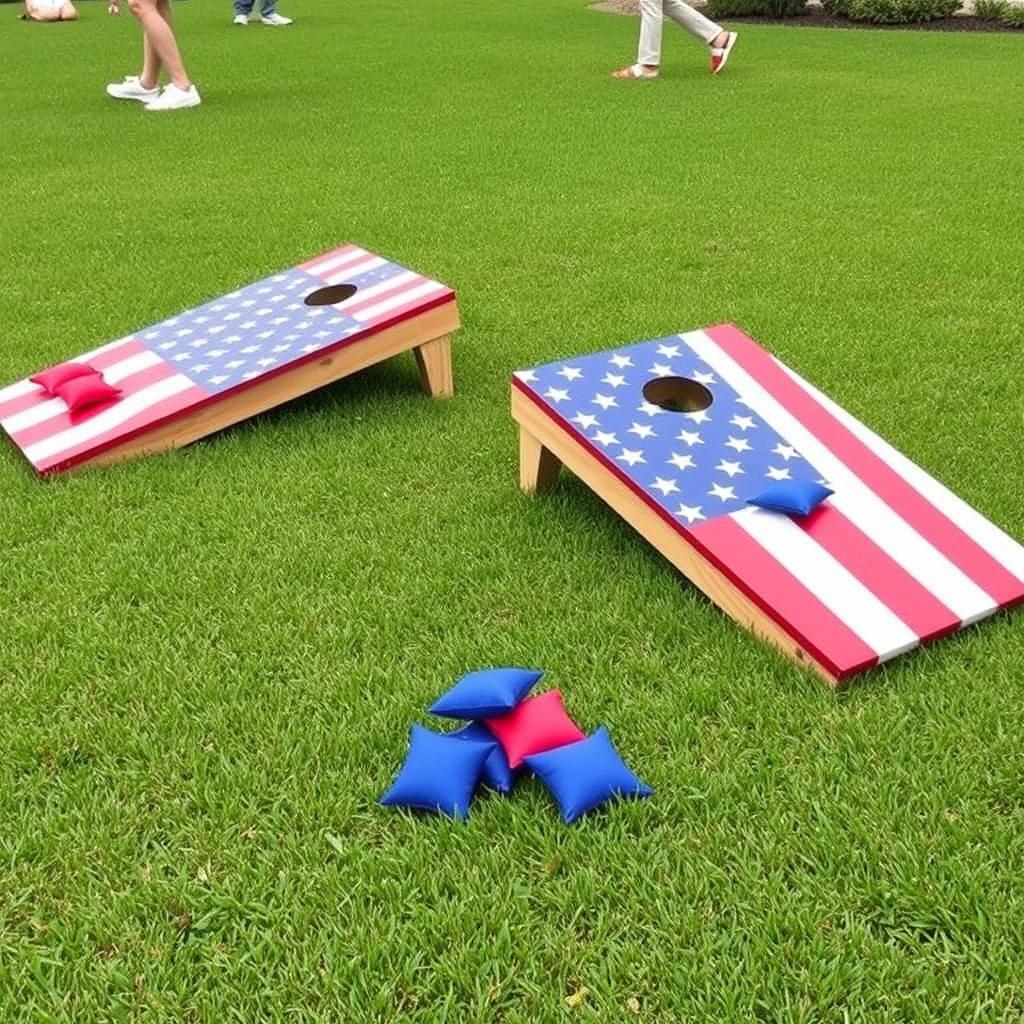 Cornhole game decorated with patriotic theme for 4th of July