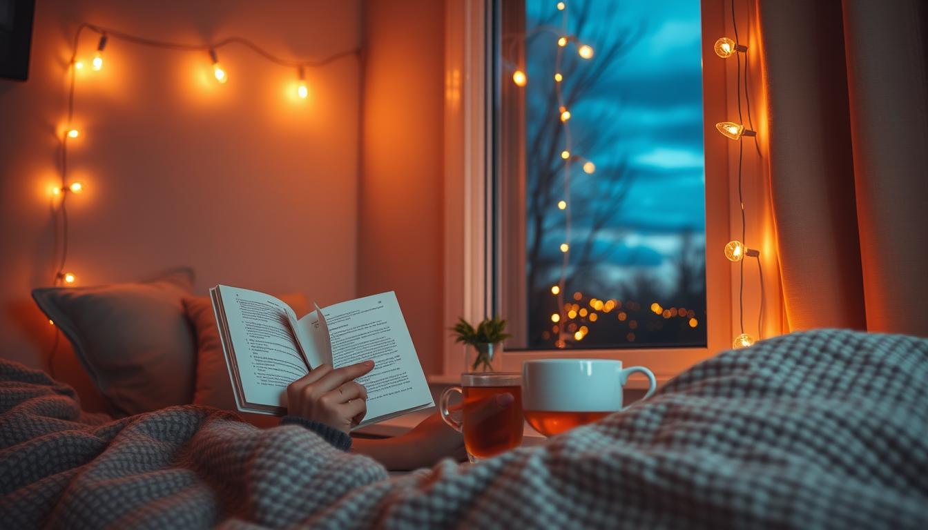 Cozy evening reading nook with soft lighting and tea, romanticizing daily routines