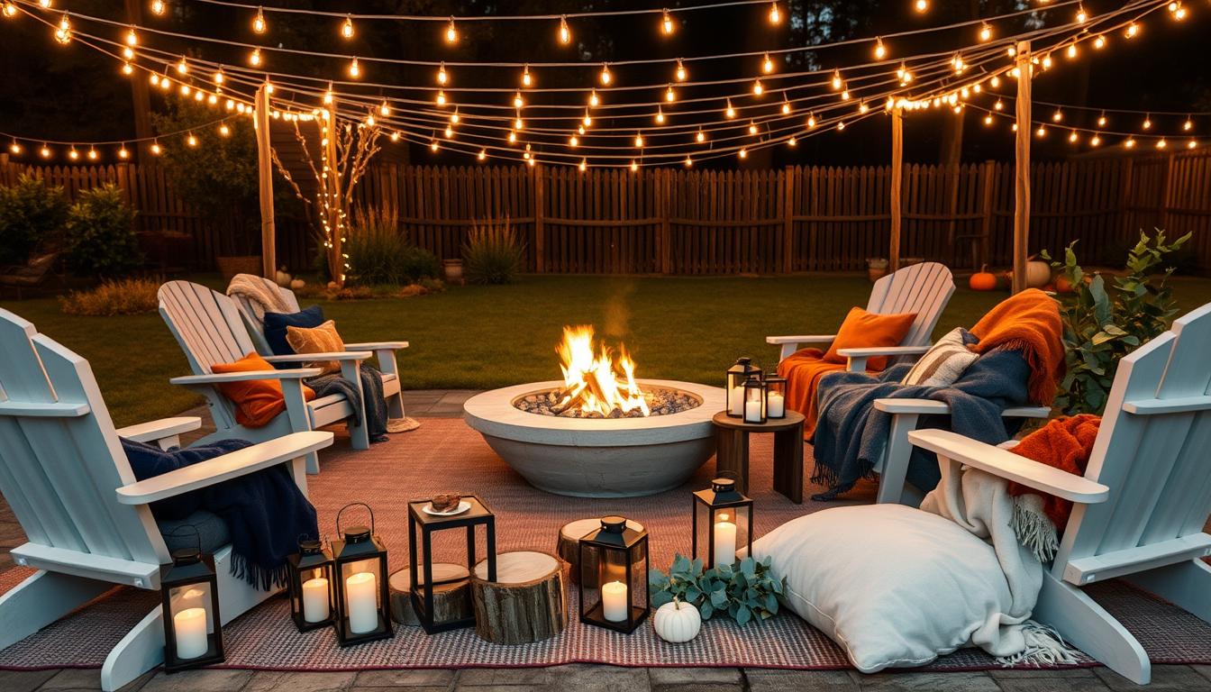 Detailed view of ambiance elements including string lights, lanterns, and comfortable seating around a fire pit