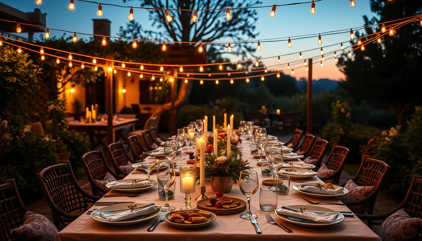 Elegant al fresco summer dinner table at dusk with candles lit, string lights glowing, and a warm, inviting atmosphere